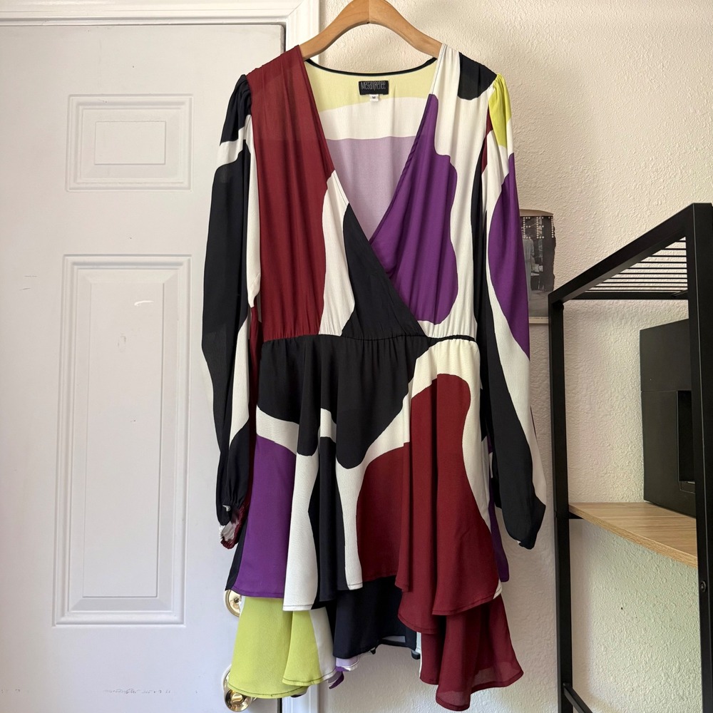 MEGAN RENEE multicolor puff long sleeve surplice layered ruffle mini dress
